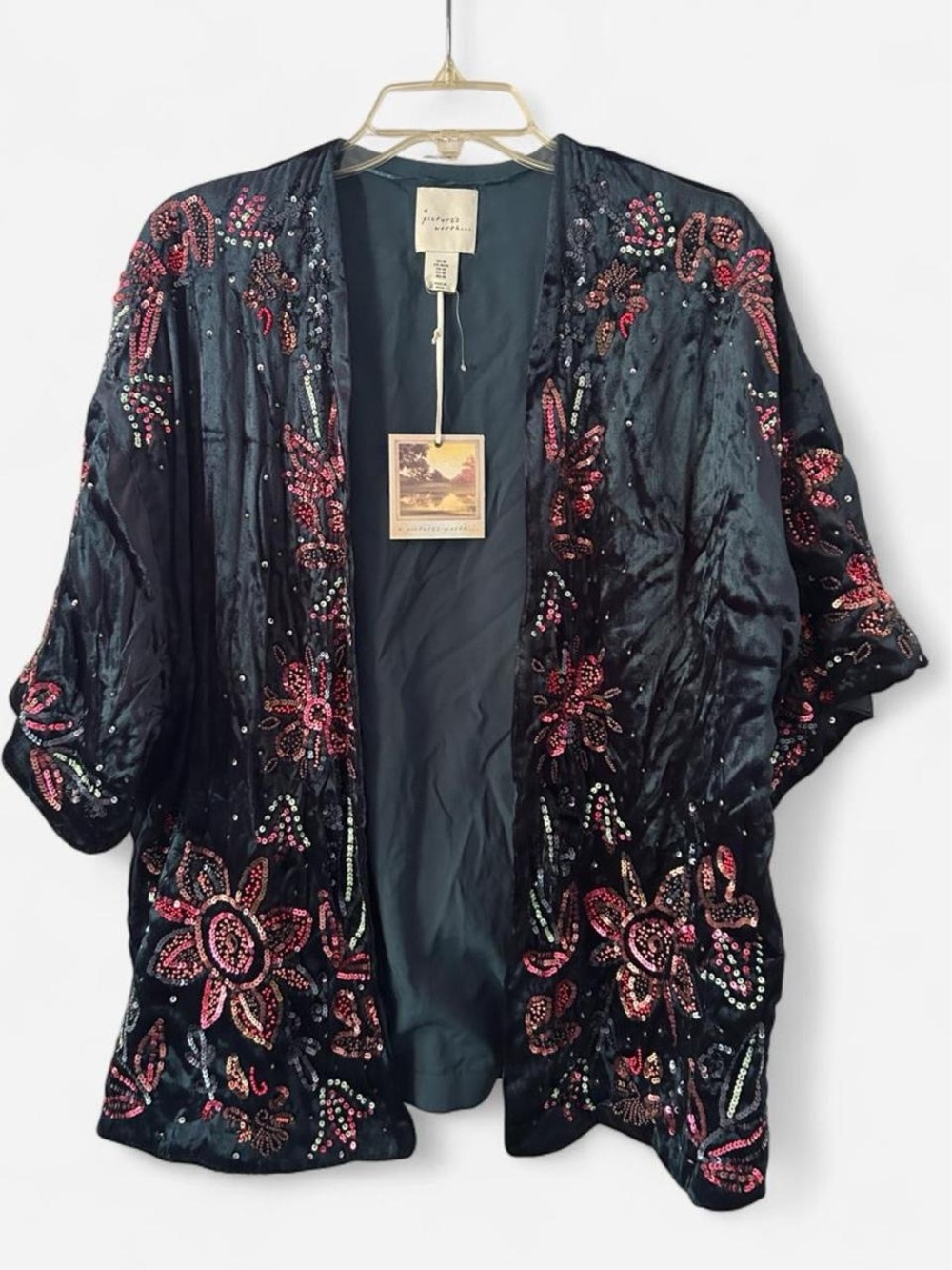 Black Velvet Open-Front Embellished Kimono